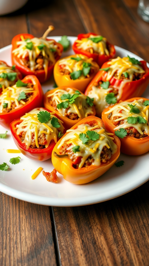 Cheesy stuffed peppers filled with rice, beans, and melted cheese, garnished with cilantro on a wooden table.